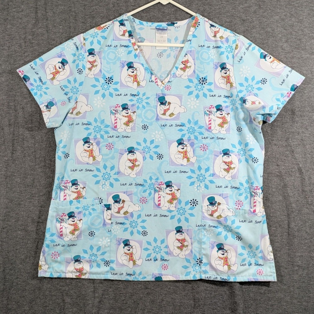 Frosty the Snoman Womens Scrub Top Blue Let It‎ Snow Christmas Holiday Size L